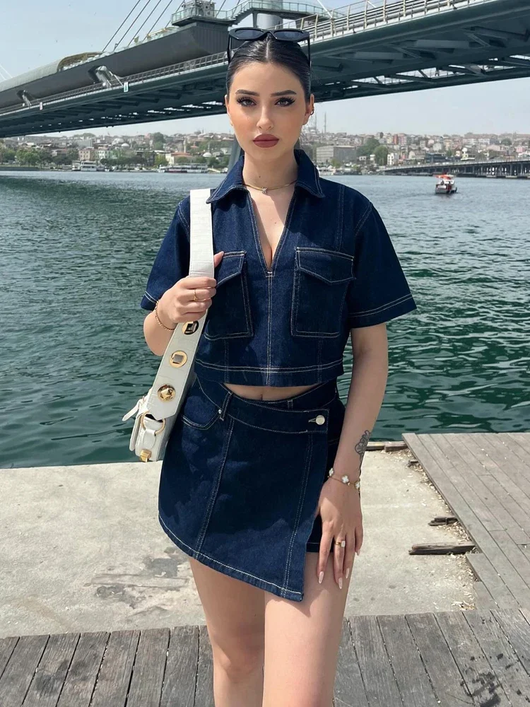 

Women Casual Denim Sets Lapel Pocket Decoration TOP High Waist Pant Skirt Casual Street Commuting Design 2 Piece Set Chic 2024