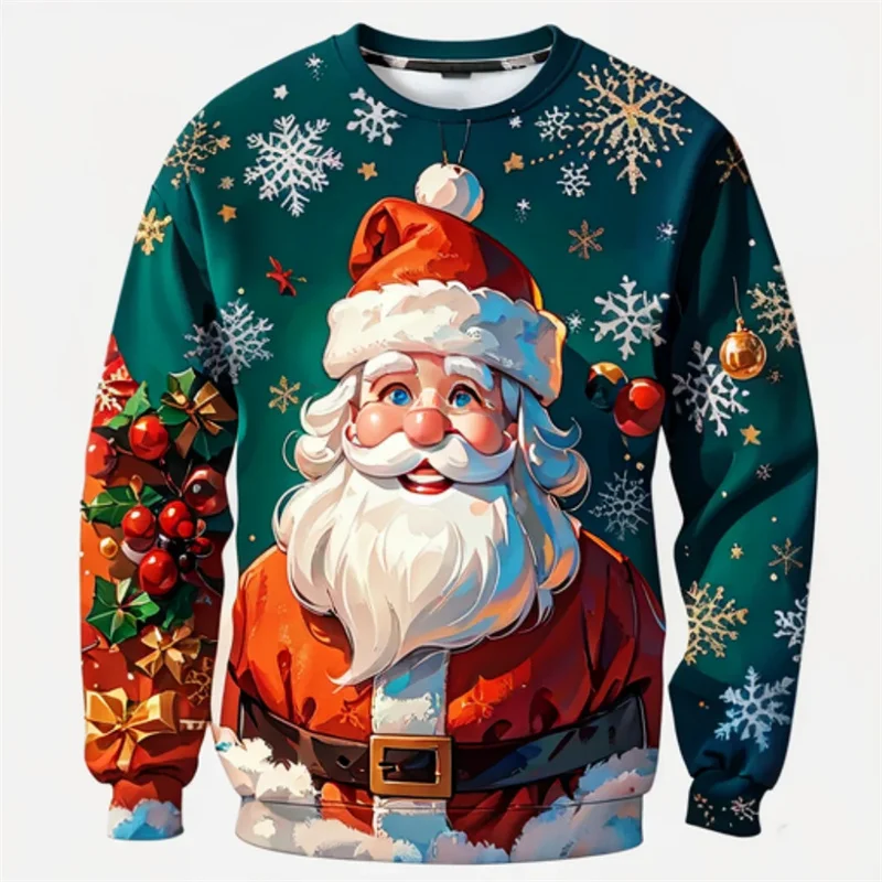 3D Printed Merry Christmas Sweatshirt For Men Funny Santa Claus Pattern Pullover Casual Loose O-Neck Long Sleeve Tops Hoodies