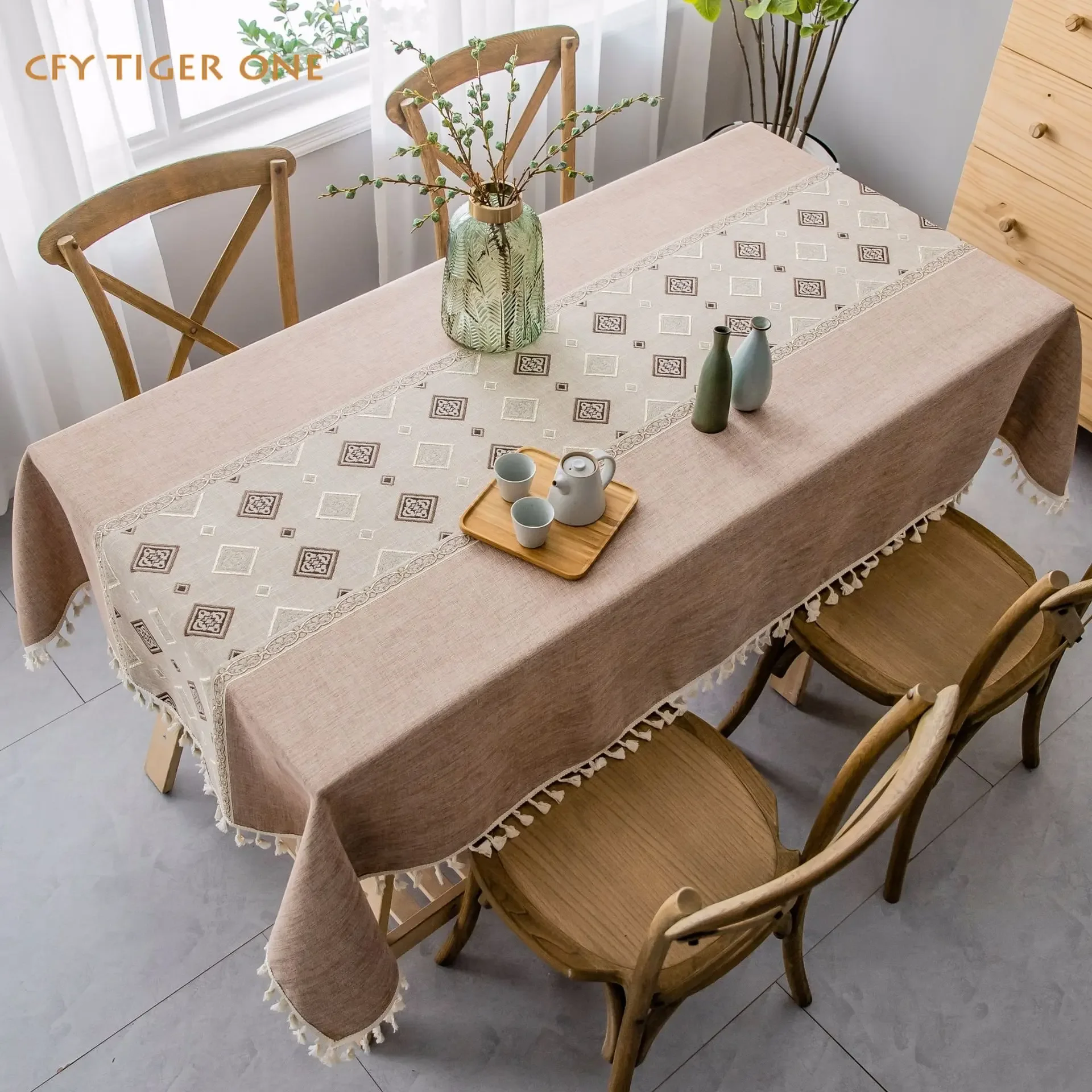 

American Cotton Linen Pastoral Style Tablecloth for Table Decorate Antifouling Rectangular Tablecloth with Tassel Table Cover