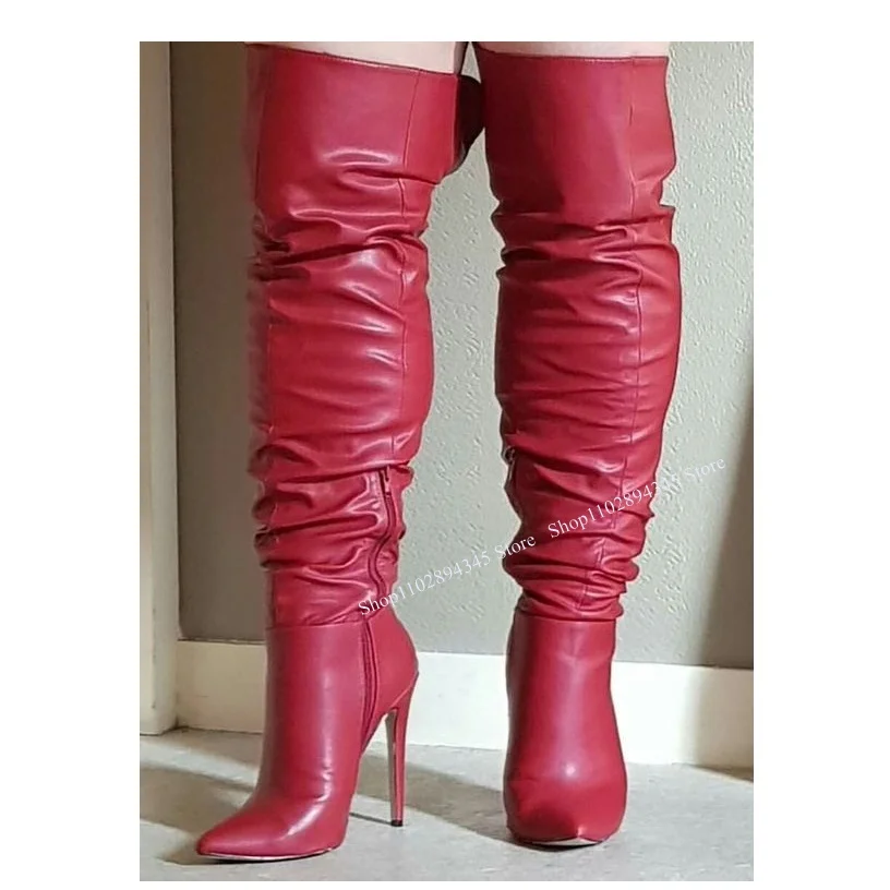 Botas vermelhas com zíper alto no joelho, couro fosco, salto alto fino, bico fino, moda sexy inverno 2024, sapatos femininos