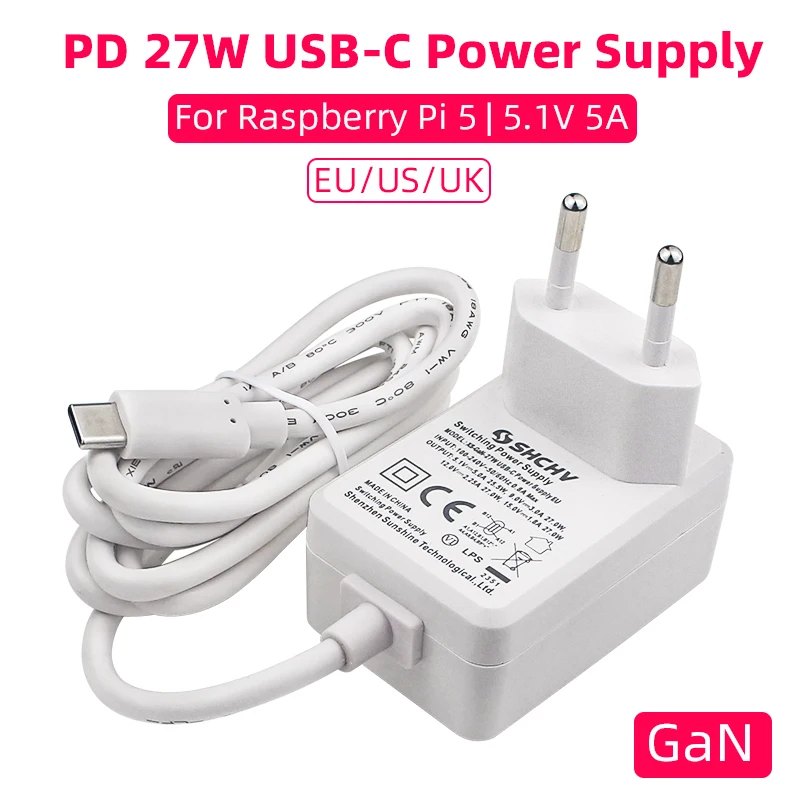 

Raspberry Pi 5 5.1V 5A Power Supply PD 27W USB Type C GaN Charger EU US UK Plug Power Adapter for Raspberry Pi 5/4B RPI 5