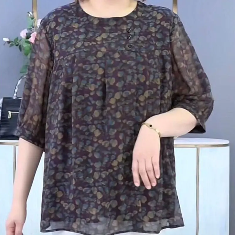 Summer Thin Casual Half Sleeve Blouse Female Clothing Vintage Broken Flowers Loose Commute Spliced Prairie Chic Round Neck Shirt