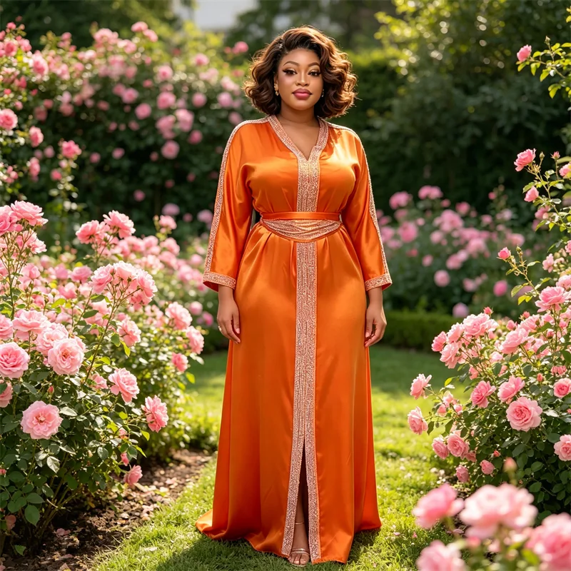 

Plus Size African Dresses for Women's Satin Dress Rhinestone V-Neck Belted Muslim Abaya Wedding Party Evening Gown Kaftan Robe