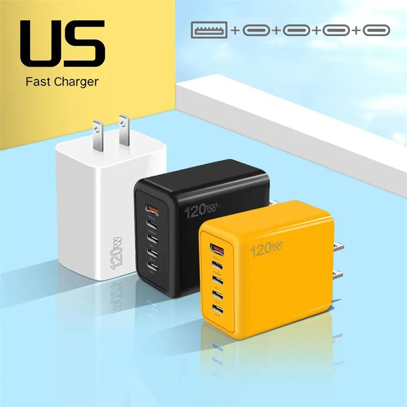 شاحن USB متعدد المنافذ بقدرة 120 وات PD، 4 منافذ PD، 1 منفذ USB، محول شحن سريع لهواتف iOS وأندرويد مع ماس كهربائى #4