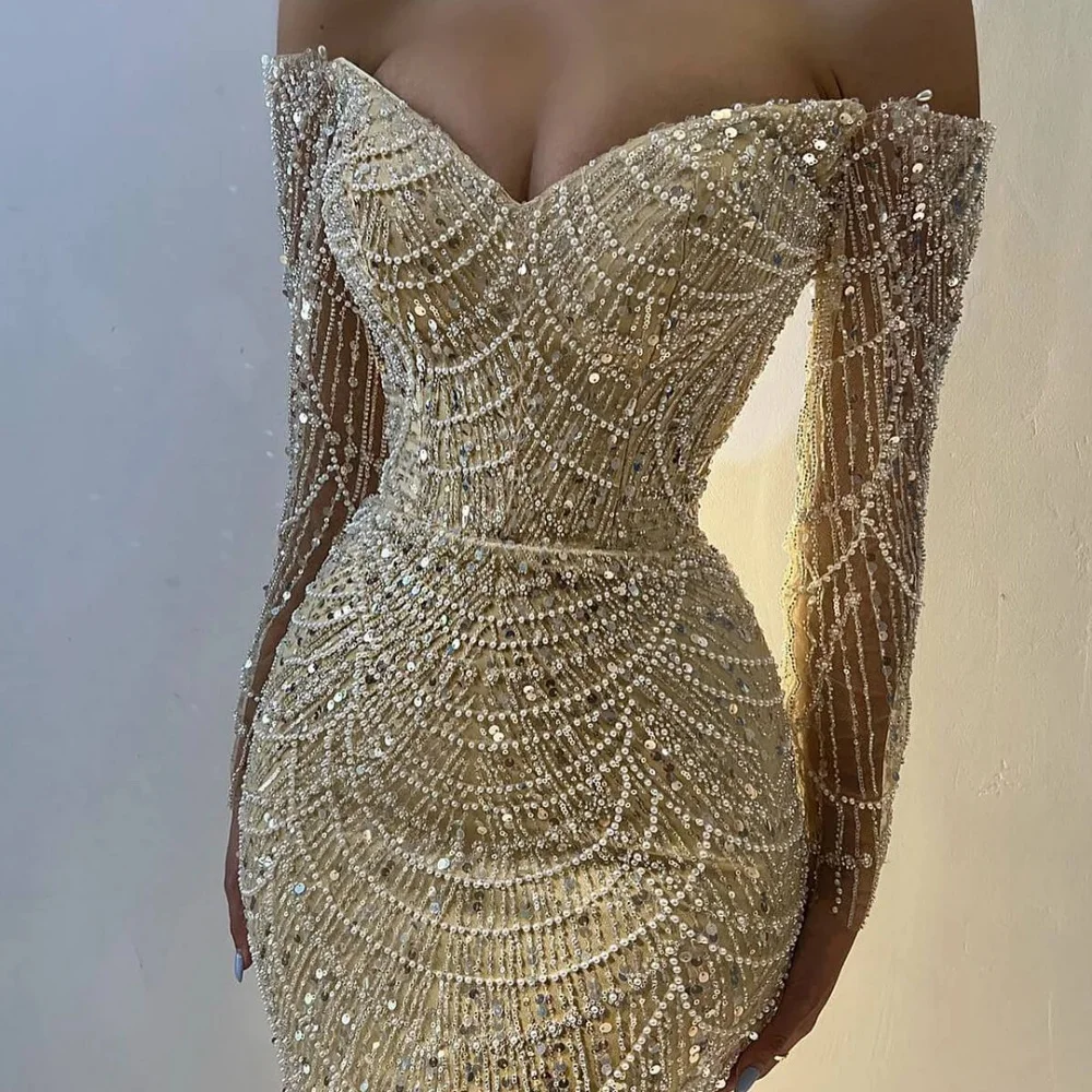 Sansa Elegant A-Line Beading Satin Evening Dress Customized Floor-Length Off Shoulder Wedding Dresses V Neck Vestidos De Fiesta image 2