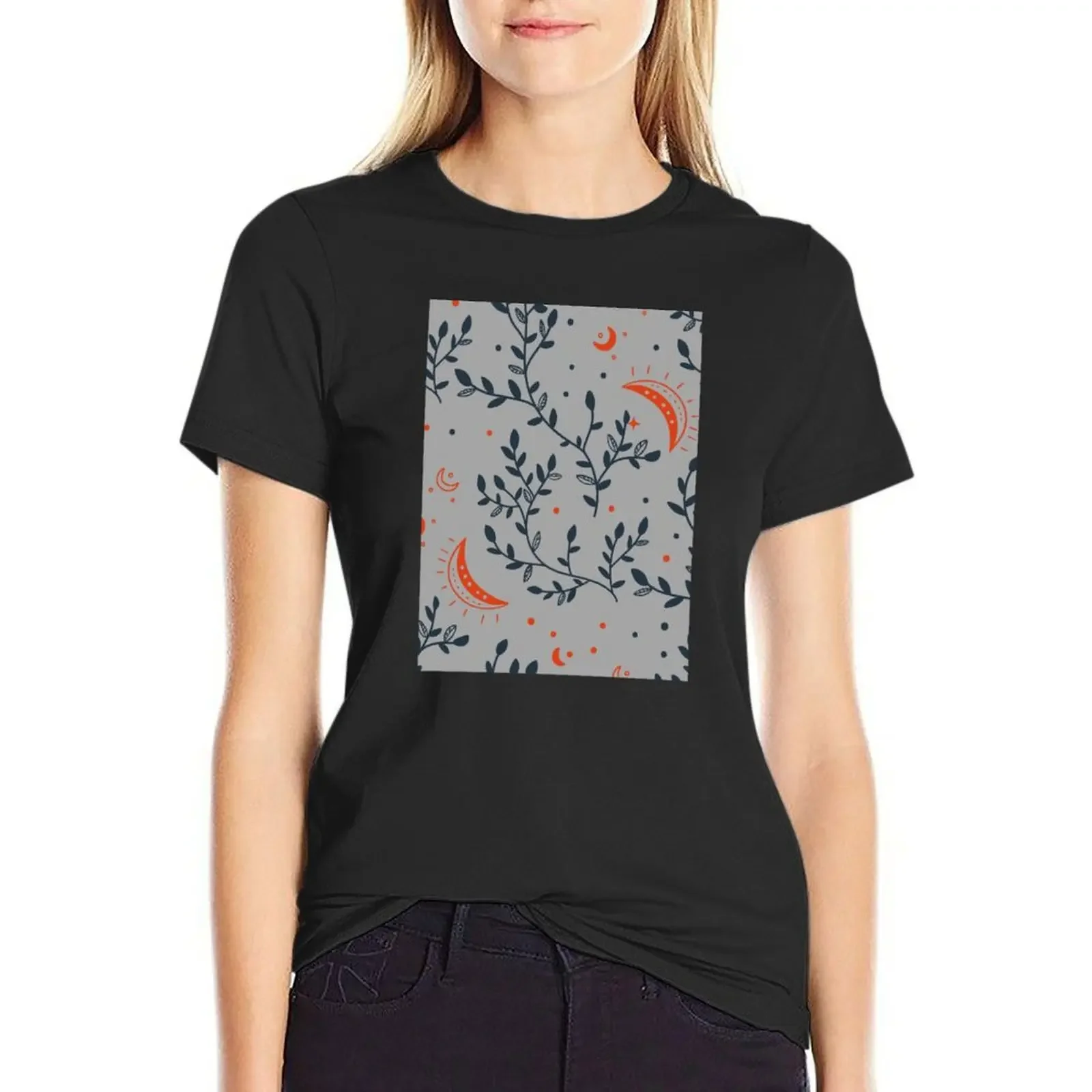 

Blue Leaves + Moon Detail Pattern T-Shirt korean fashion blanks cute clothes Blouse t shirts for Women graphic