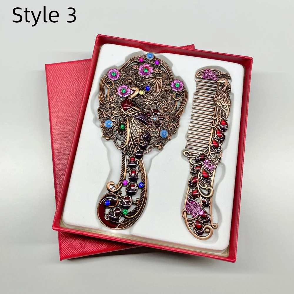 Tragbarer Pfauen-Make-up-Spiegel, Kamm-Set, handgehaltener Vintage-Kosmetikspiegel mit Kamm, Schnitzerei, Strass, Prinzessinnen-Make-up-Spiegel
