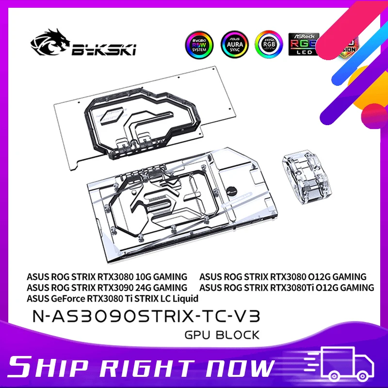 Bykski GPU bloque de refrigeración por agua personalizado para ASUS ROG STRIX RTX 3090 3080 Gaming, con plano posterior de vía navegable, N-AS3090STRIX-TC-V3