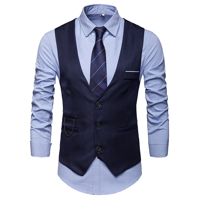 Summer New Men\'s Solid Color Suit Vest British Slim-Fitting Waistcoat Single Row Three Buckle Vest