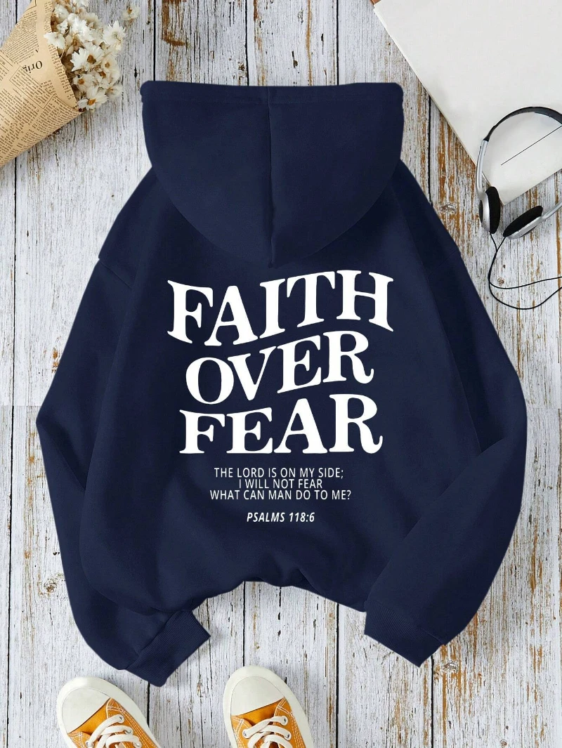 

Casual Women's Hoodies Faith Over Fear Letter Printing Sweatshirts Fleece Warm Comfortable Pocket Pullovers Autumn Streetwear