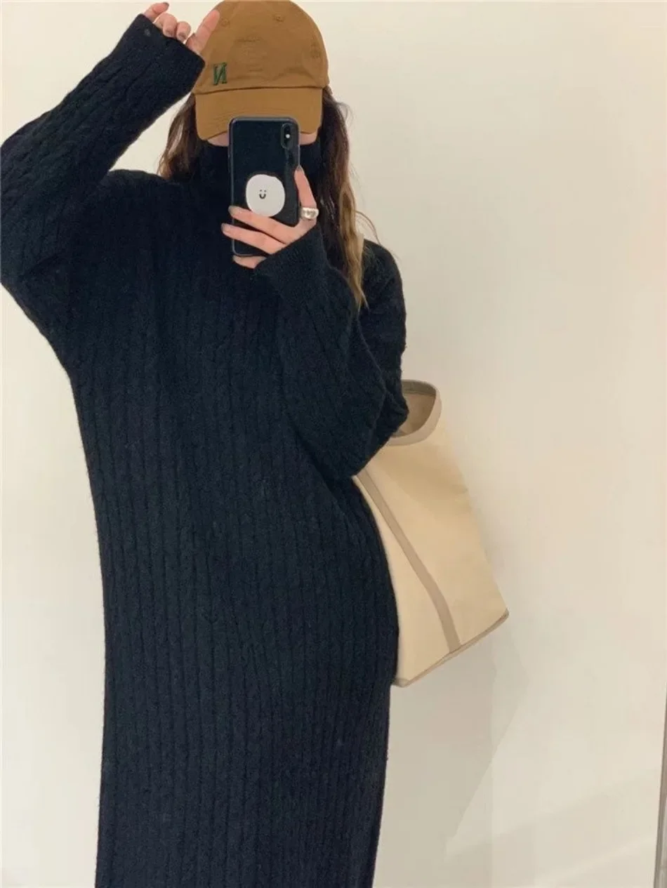 Winter Women\'s Sweater Dresses Korean Version Casual Commuter High Collar Loose Thickened Warm Pullover Long Dress Women Clothes