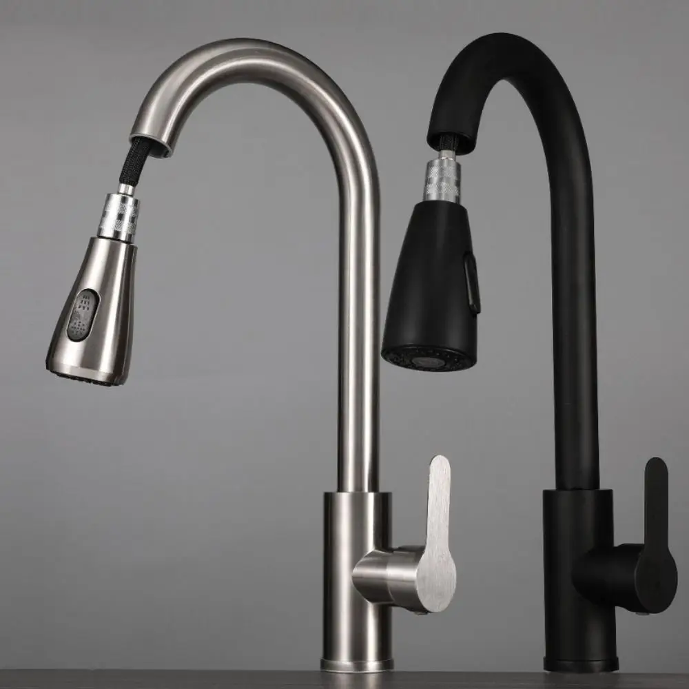 

2024 304 Stainless Steel Kitchen Drain Faucet 360 Rotation single hole 2-way Sprayer 60cm Single Handle Flow Spray Head