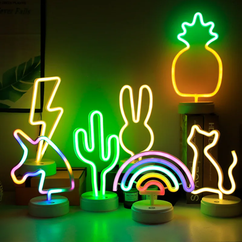 Flamingo Cactus LED Neon Lights Coconut Tree Pineapple Neon Sign Lamp USB/Battery Power Unicorn Lamp Room Table Holiday Decor