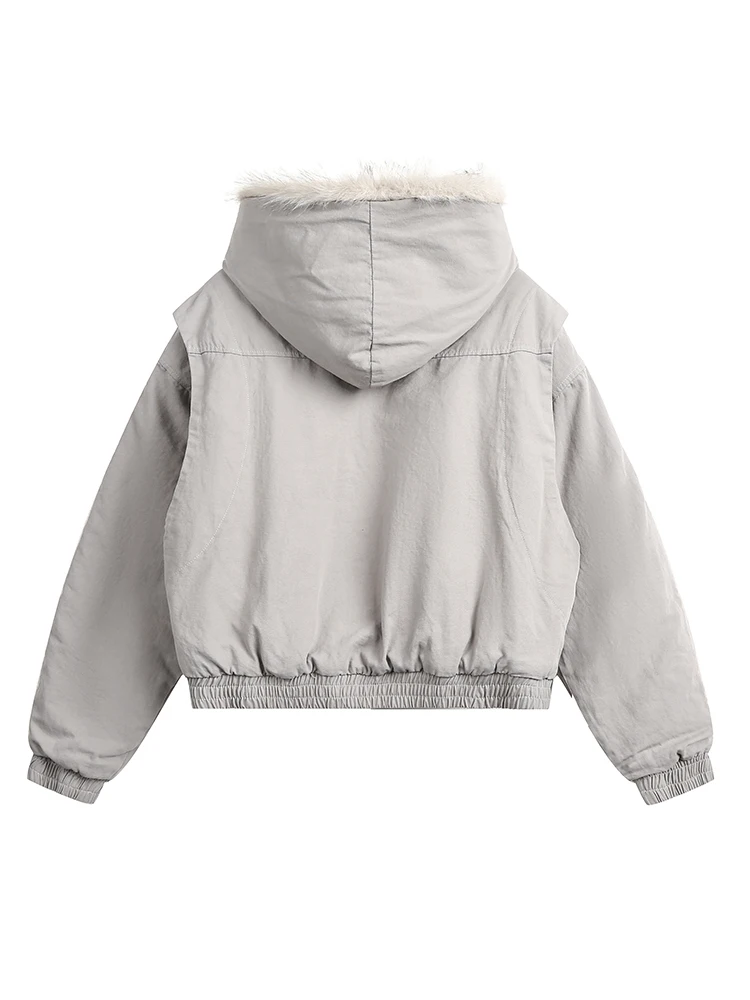 DEAT Fashion Women\'s Cotton-padded Coat Fur Collar Hooded Loose Zipper Gray Thick Warm Quilted Jacket Winter 2024 New CPG2226