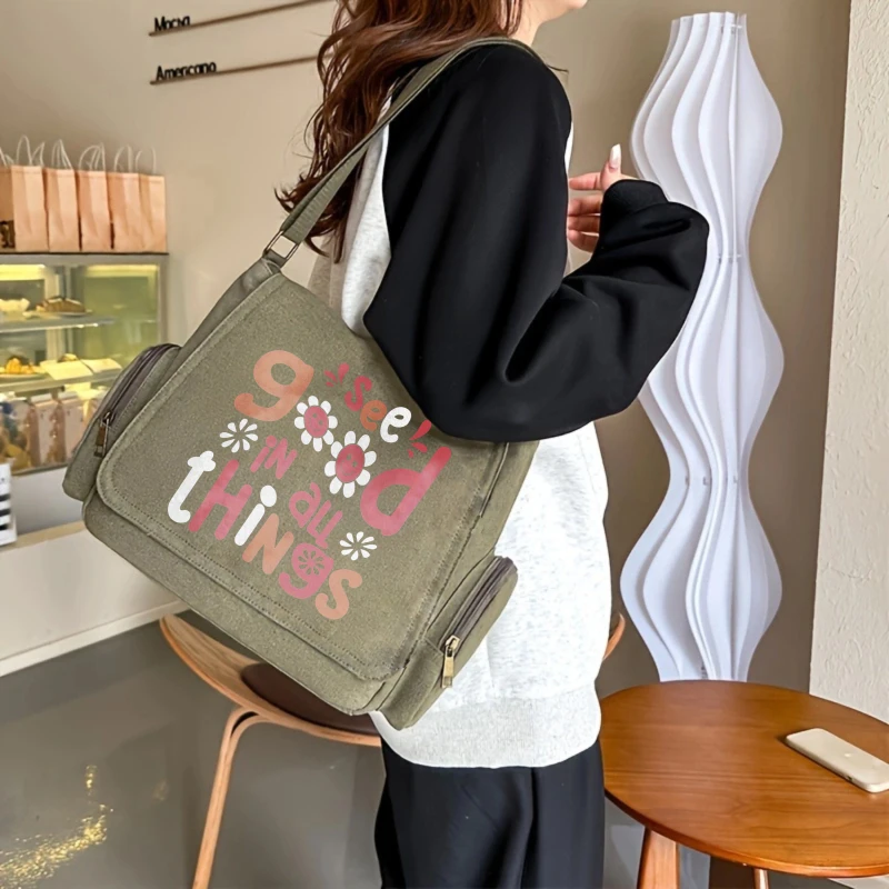 حقيبة نسائية عباد الشمس طباعة حروف الكتف حقيبة كروسبودي قماش حمل حقيبة ساعي للنساء التنقل السفر #2