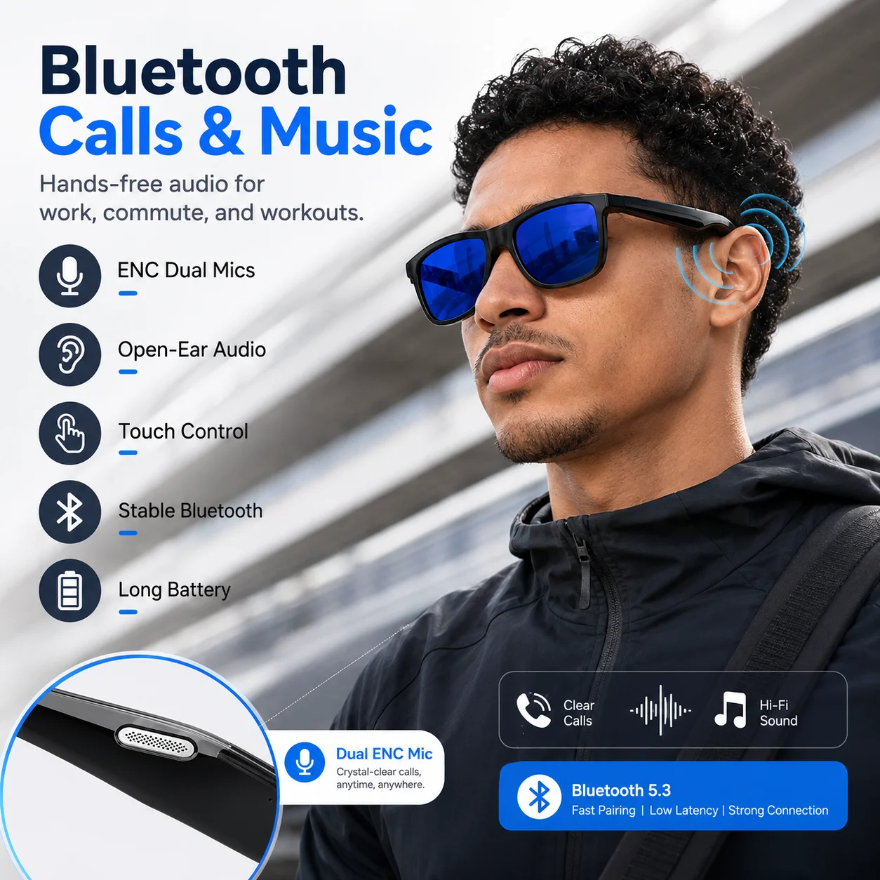 2026 Elite Smart Audio Glasses AI Translation Bluetooth ENC Dual Mic Touch Color-changing Lens IP65 Waterproof TR90 Lightweight view 5