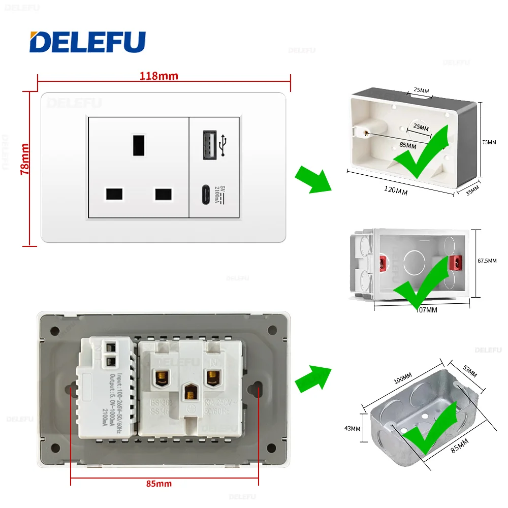 DELEFU Wall Switch Power socket USB-C PC White panel UK series