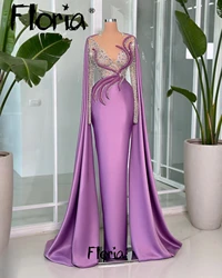 Elegant Long Cape Sleeve Satin Purple Evening Dress Sheer Neck Crystals Wedding Guest Gowns vestidos en oferta liquidación envío