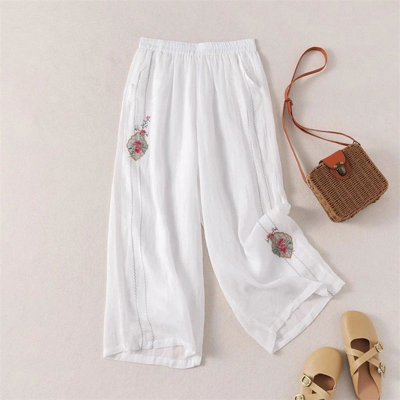 Women's Fashion Vintage Chinese Style Embroidery Cotton Wide Leg Pants Summer Casual High Waist Solid Straight Pockets Trousers