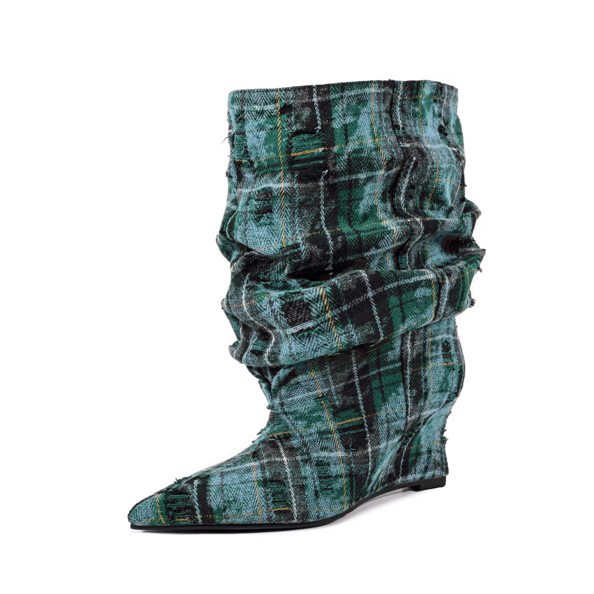 Women's Vintage Plaid Distressed Fabric Slouchy Wedge Mid-Calf Boots Pointed Toe for Street Daily Wear Festivals Fashion Casual