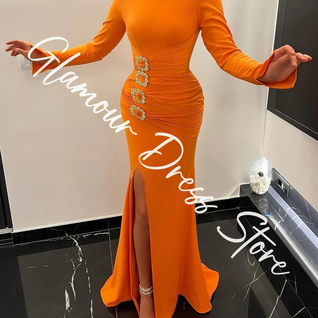 Customized Exquisite Jersey Straight Crystal Evening Dresses High Neckline Long Sleeves Panel Train Bespoke Occasion G