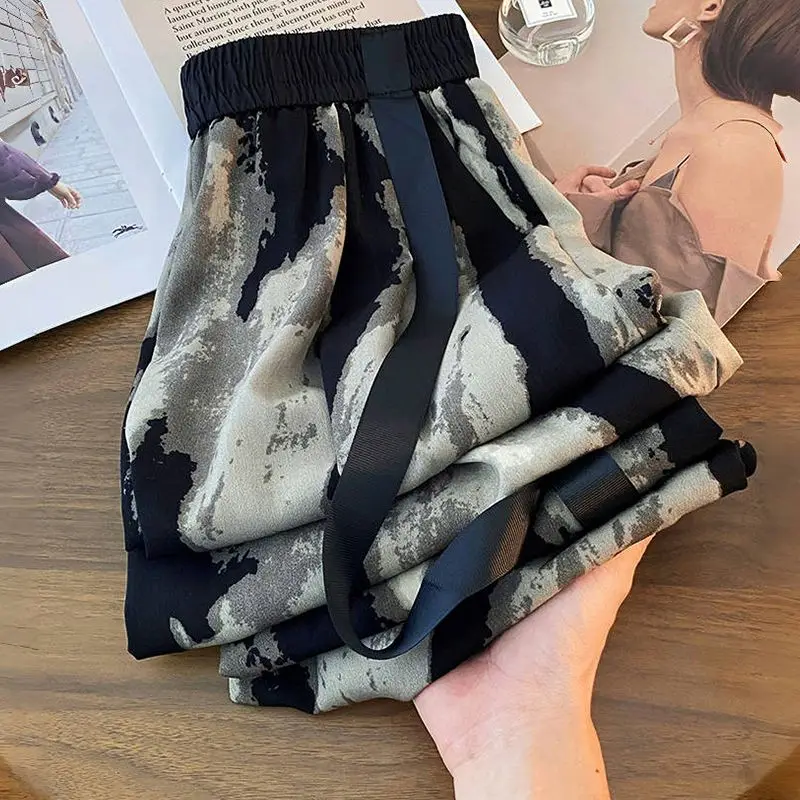 Ice Silk Wide-leg Pants 2024 Summer Women\'s Ink Painting Tie Dye Chinese Style Loose High Waist Sweatpants Trousers Women