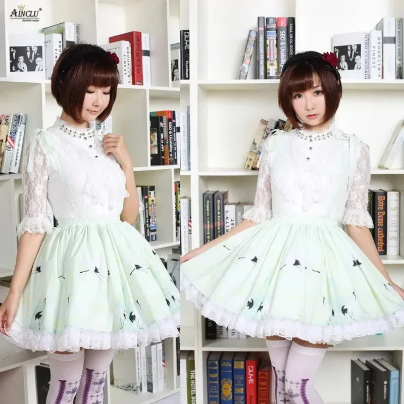 중국 스타일 크레인 윤허 레트로 여성용 스위트 레이디 라이트 그린 폴리에스터 레이스 슬링 플리츠 스트라이프 로리타 스커트