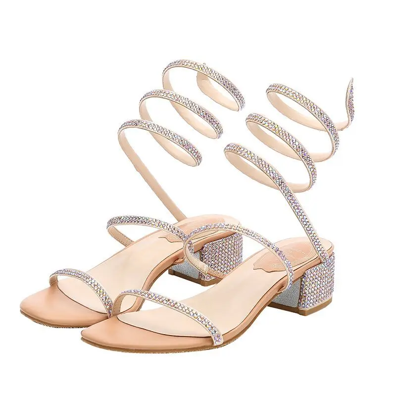 Sandals Women Summer 2022 Rhiestone Ankle Wrap Elegant Mid Heels Ladies Shoes Luxury Fashion Female Sandal Woman Brands