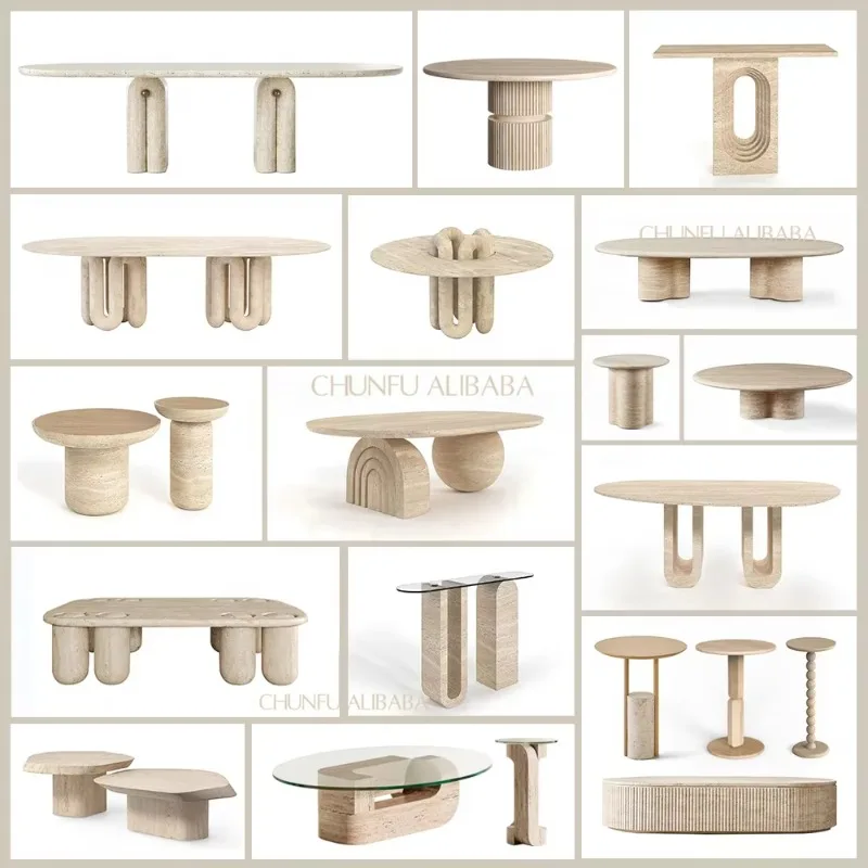 Modern Minimalist Luxury Natural Stone Solid Wood Combination Tea Table Hotel Living Room Travertine Coffee Table