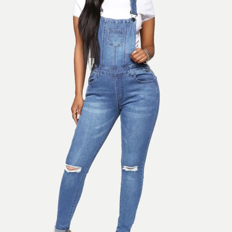 

Popular High-quality Women's Blue Ripped Washed Denim Overalls with High Elasticity and Narrow Legs Student Pencil Pants