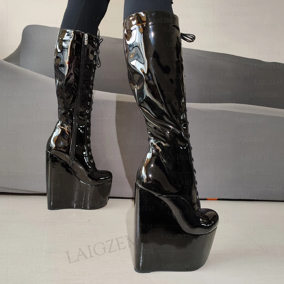 LAIGZEM Women Knee High Boots Platform Wedges Full Zipper 20cm High Heels Boots Shiny Handmade Shoes Woman Big Size 37 41 45 47