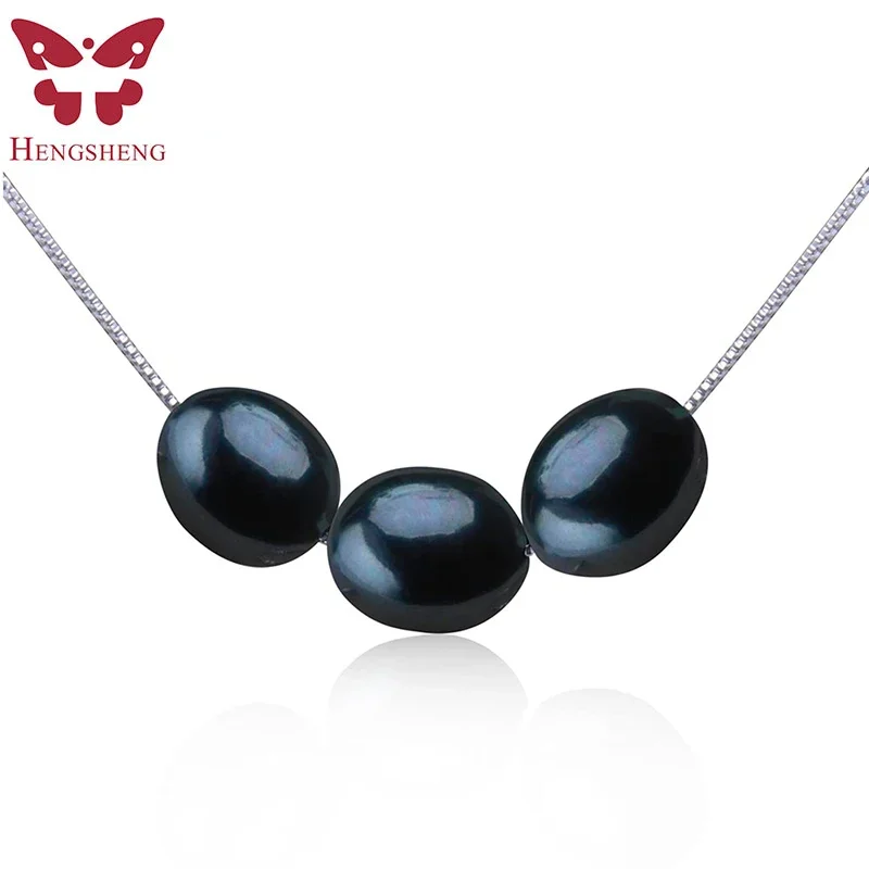 HENGSHENG Black Natural Pearl Necklace 7-8mm Rice Round Freshwater Pearl 925 Sterling Silver Fine Jewelry For Women