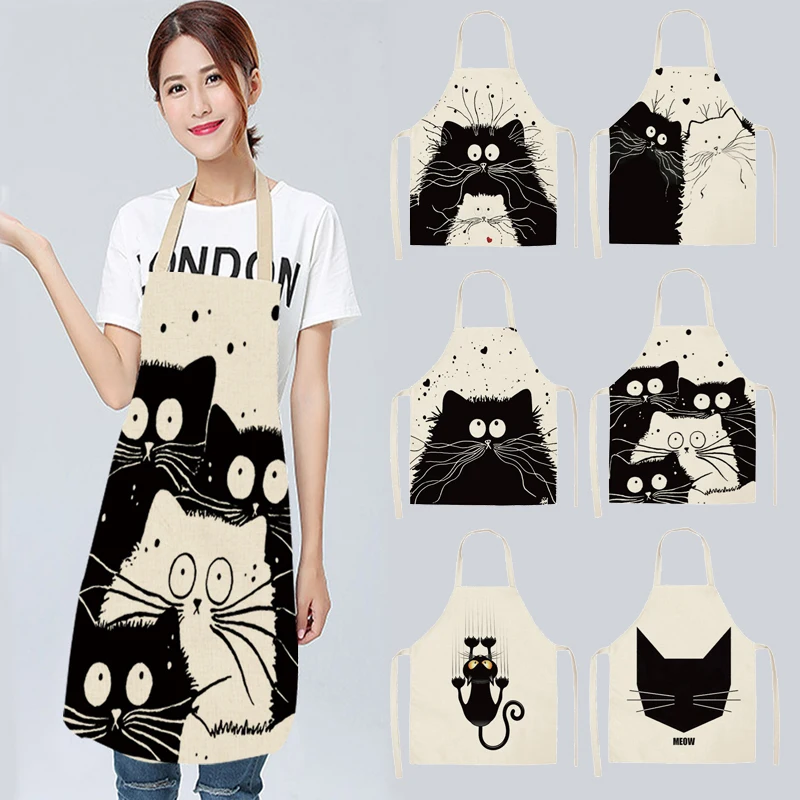 Cartoon Cat Apron Kitchen Cute Printed Sleeveless Cotton Linen Chef Aprons For Men Women Home Cleaning Tools Baking Accessories