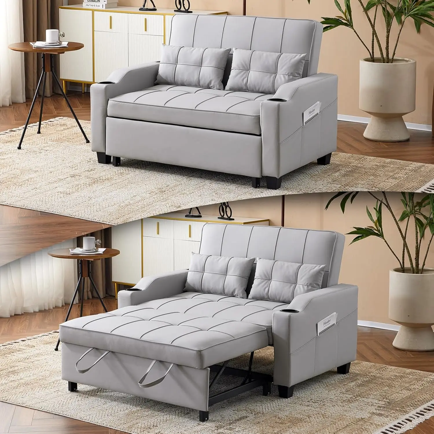 

Convertible Loveseat Sleeper, Light Grey Faux Leather Futon Sofa Bed Pullout Couch Bed With Usb Ports, Cup Holders, Armrest For