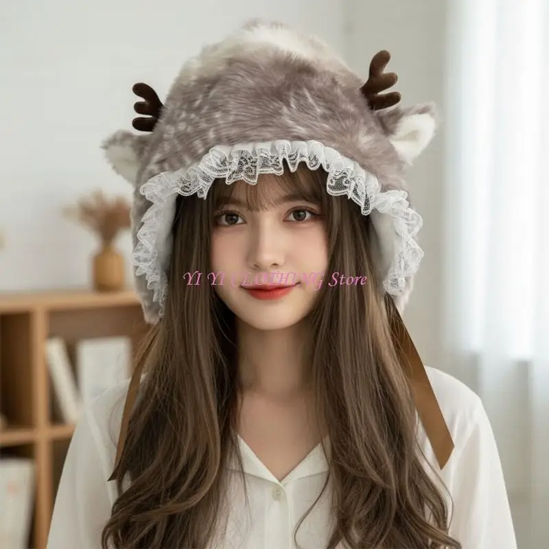 N5KF Girl Cartoon Elk Trapper Hat Thicken Furry Deer Hat for Climbing Skiing Sports Headwear Deer Oversized Hat