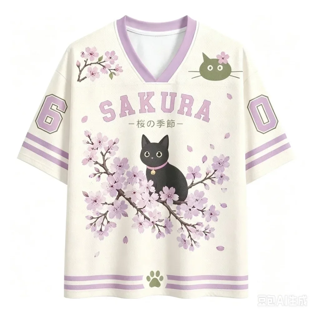Harajuku Kirschblüten-Katzenpfoten 3D-Druck Sport Schnelltrocknend Atmungsaktiv Herren V-Ausschnitt T-Shirt Outdoor Street Casual Eltern-Kind-Kleidung – Detail 3