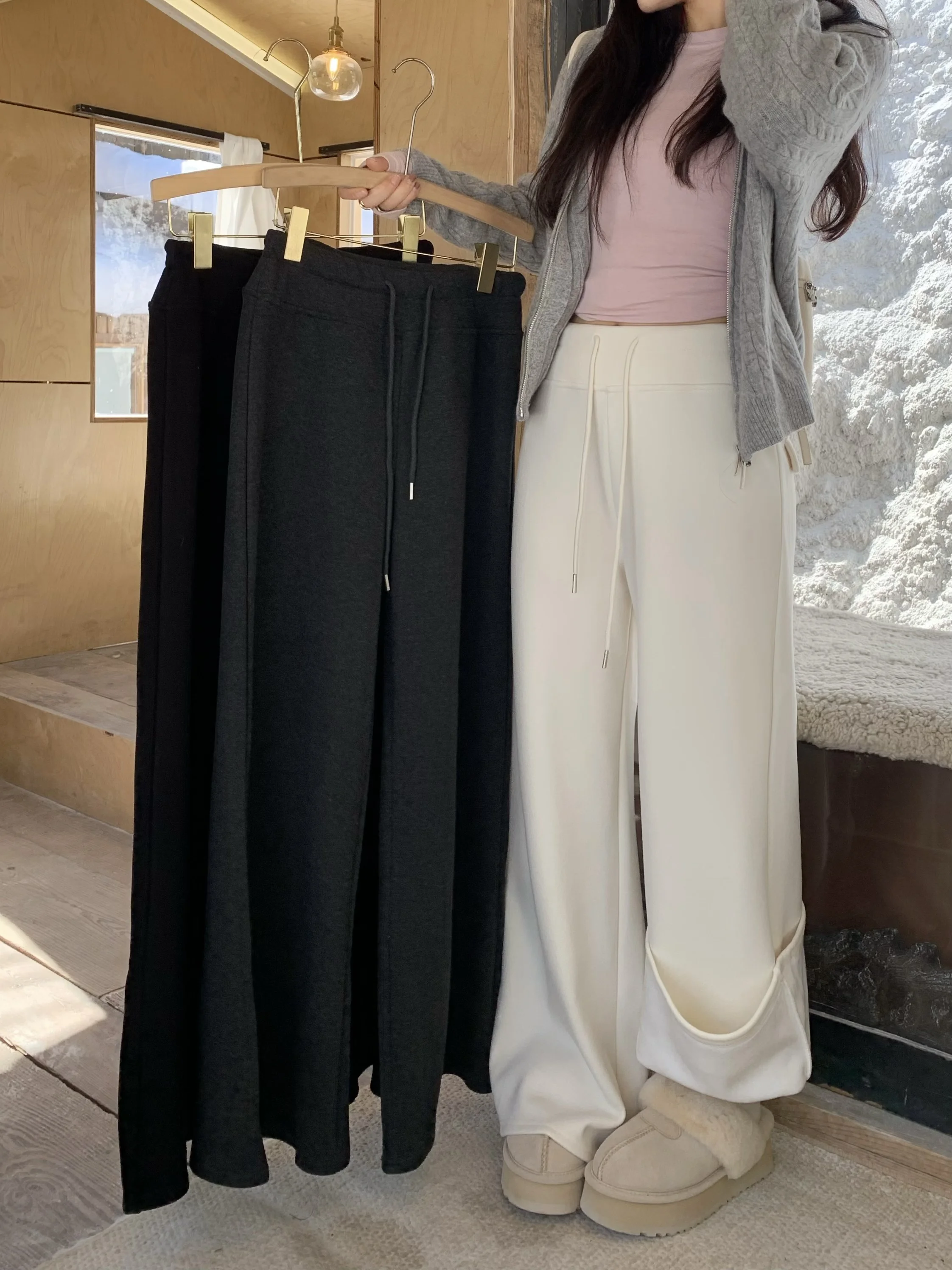 Fce 라인드 와이드 레그 팬츠 하이 웨이스트 스트링 요가 팬츠 다용도 스트레이트 컷 바지 여성용 슬리밍 효과