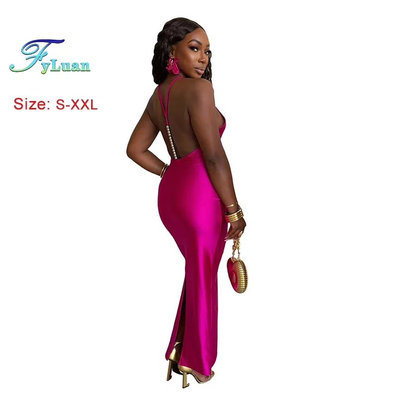 Sukienka damska długa, modna, z dekoltem, jednolita, seksowna, bez rękawów, z odkrytymi plecami, obcisła, na kolację, nowość 2025