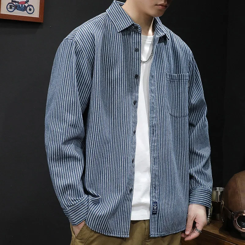 Spring Autumn Striped Shirt Men's Non Ironing Long Sleeve Shirt Casual Loose Denim Jacket Elegant Social Shirts for Men Korean