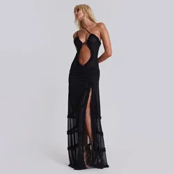 Women's sexy sling agaric edge dress sexual party long dress chic hollow deep V-collar pleated mesh transparent high-split robe