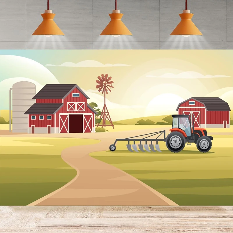 Morning Busy Farm Photography Background Rural Countryside Farmland Wooden Barn Tractor Landscape Party Backdrop Wall Banner