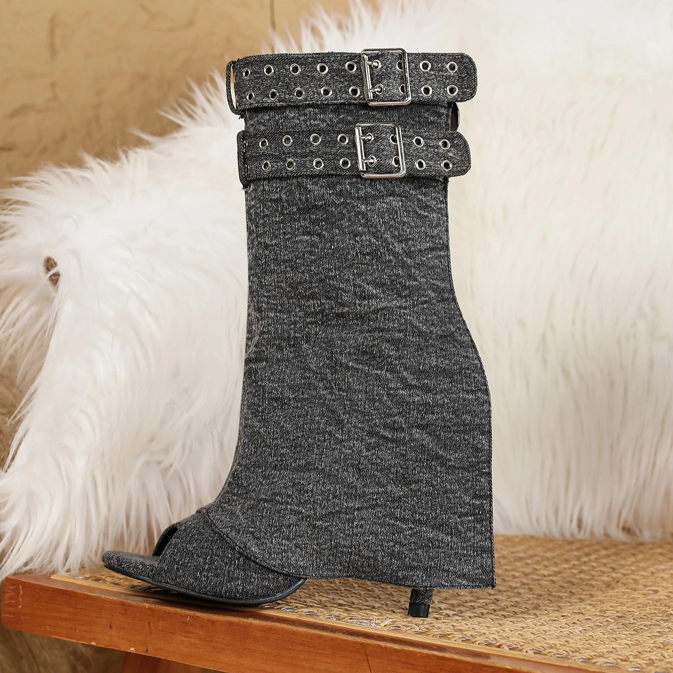 

Aneikeh Fashion Open Toe Round Toed Denim with Rivet Buckle Decorative Zipper Woman Sandals Boots Stiletto High Heels Shoes