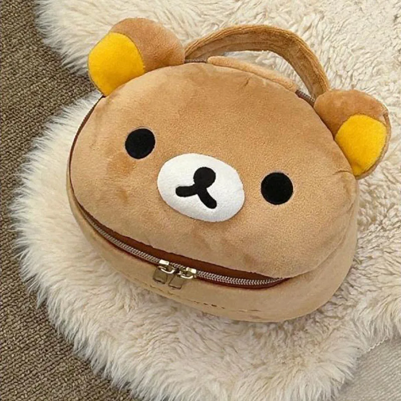 Kawaii Cute Rilakkuma Cosmetic Bag Plush Little Bear Head Elliptical Storage Toiletry Bag Portable Cartoon Ins Gift For Girls