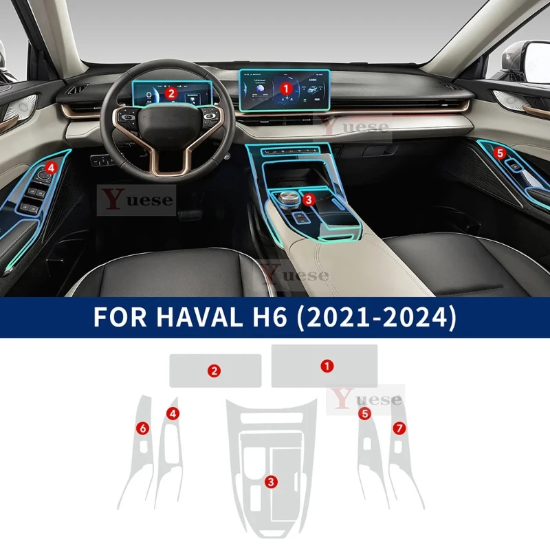 

For Haval H6 2021-2024 Car Center Console Navigation Dashboard Gear Door Window Panel Interior Sticker TPU Transparent Film