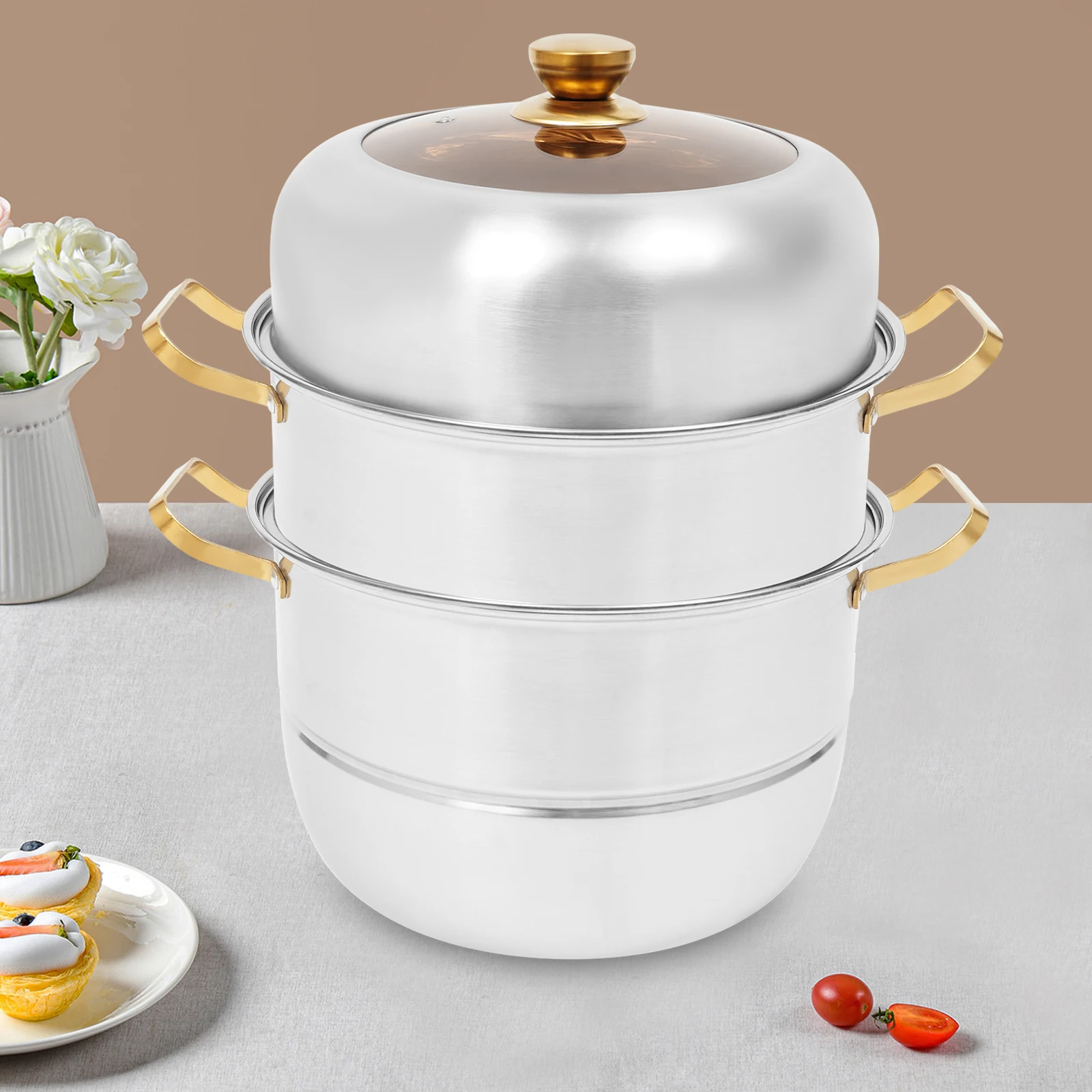 

3-tier 201 Stainless Steel Silver+Gold Steam Cooker,32*9.5cm Round Capacity 8L Applicable 4-6 for Families, Restaurants