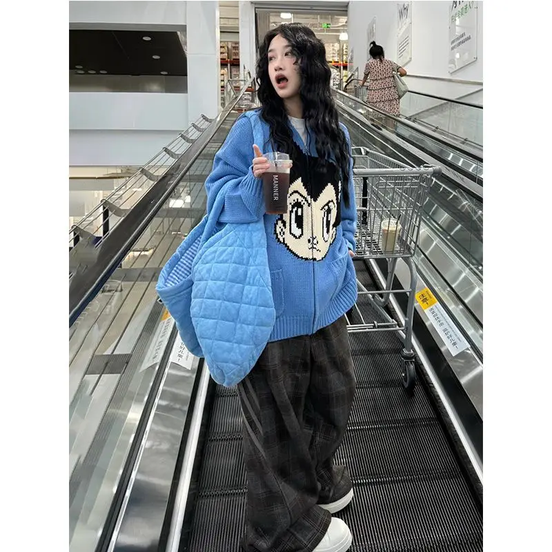 

American Lazy Style Women's Hoodie Sweater Autumn New Cartoon Knitted Outerwear Loose Soft Trendy Top Commute Style Long Sleeve