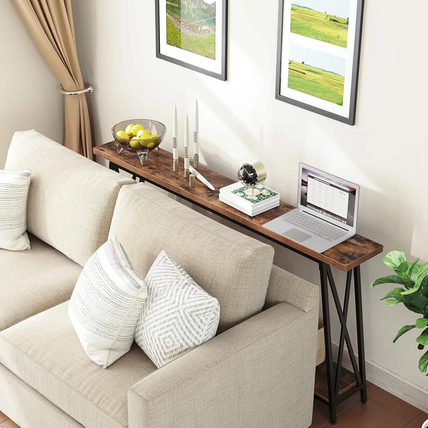 63" Industrial Rustic Brown Console Table with X-Shaped Support for Entryway, Living Room, or Behind Couch