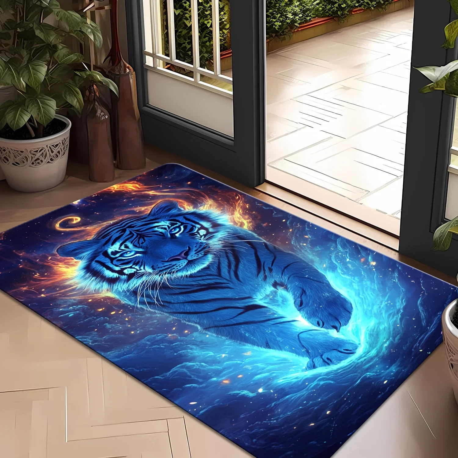 1pc Blue Luminous Tiger Pattern Mat, Washable, Suitable for Bathroom, Living Room, Bedroom, Kitchen, Office, Outdoor Patio, Ga