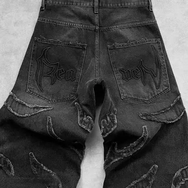 

American retro black patchwork hole mens jeans for men and women denim pants streetwear harajuku y2k hip hop wide leg jeans