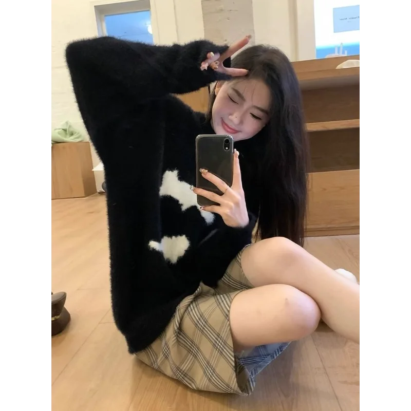 

2025 Kitten Mohair Jacquard Sweet Pullover Sweater for Women Winter Loose Lazy Mink Velvet Knitted Top